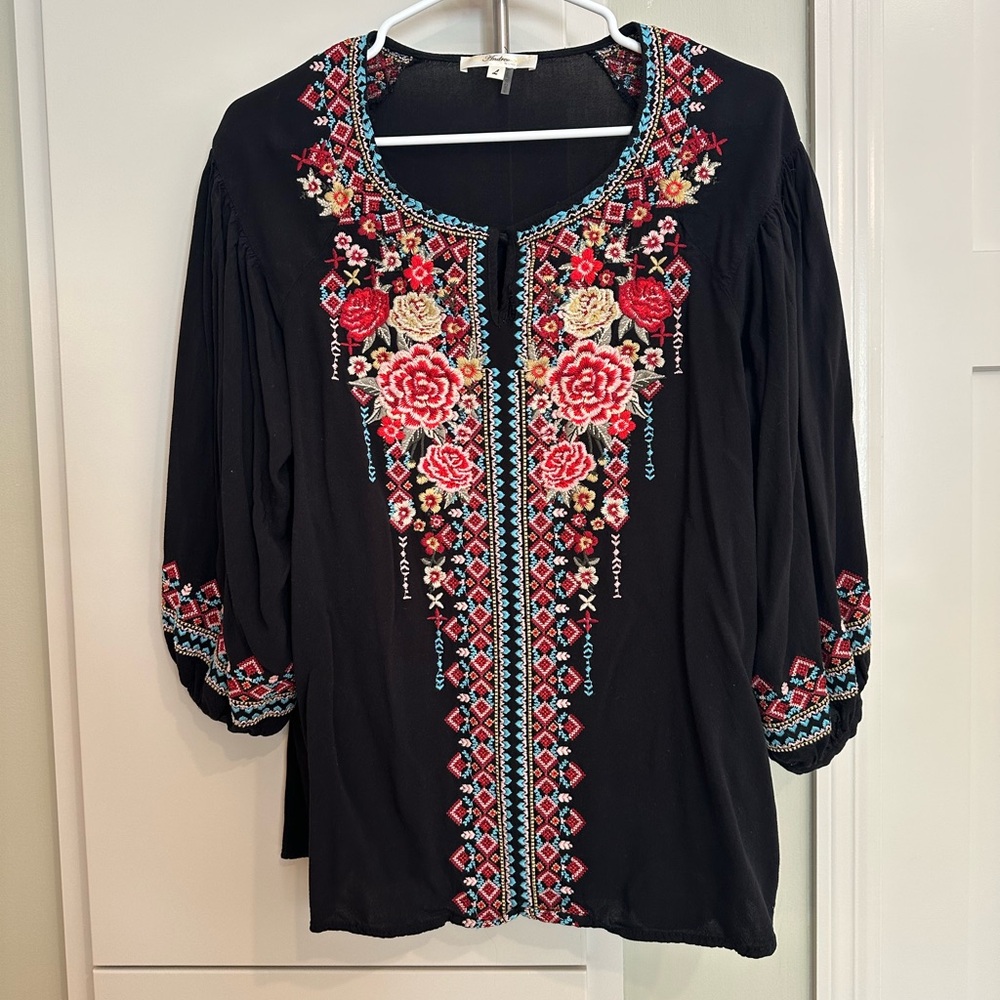 Andree Black Embroidered Puff Sleeve Blouse